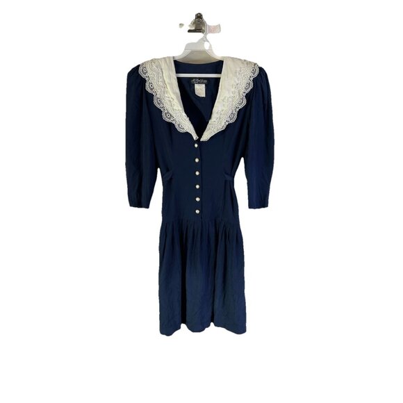 Vintage Dresses & Skirts - Vintage 80s Lace Trim Collar Puff Sleeve Button Dress USA Grunge Cottag